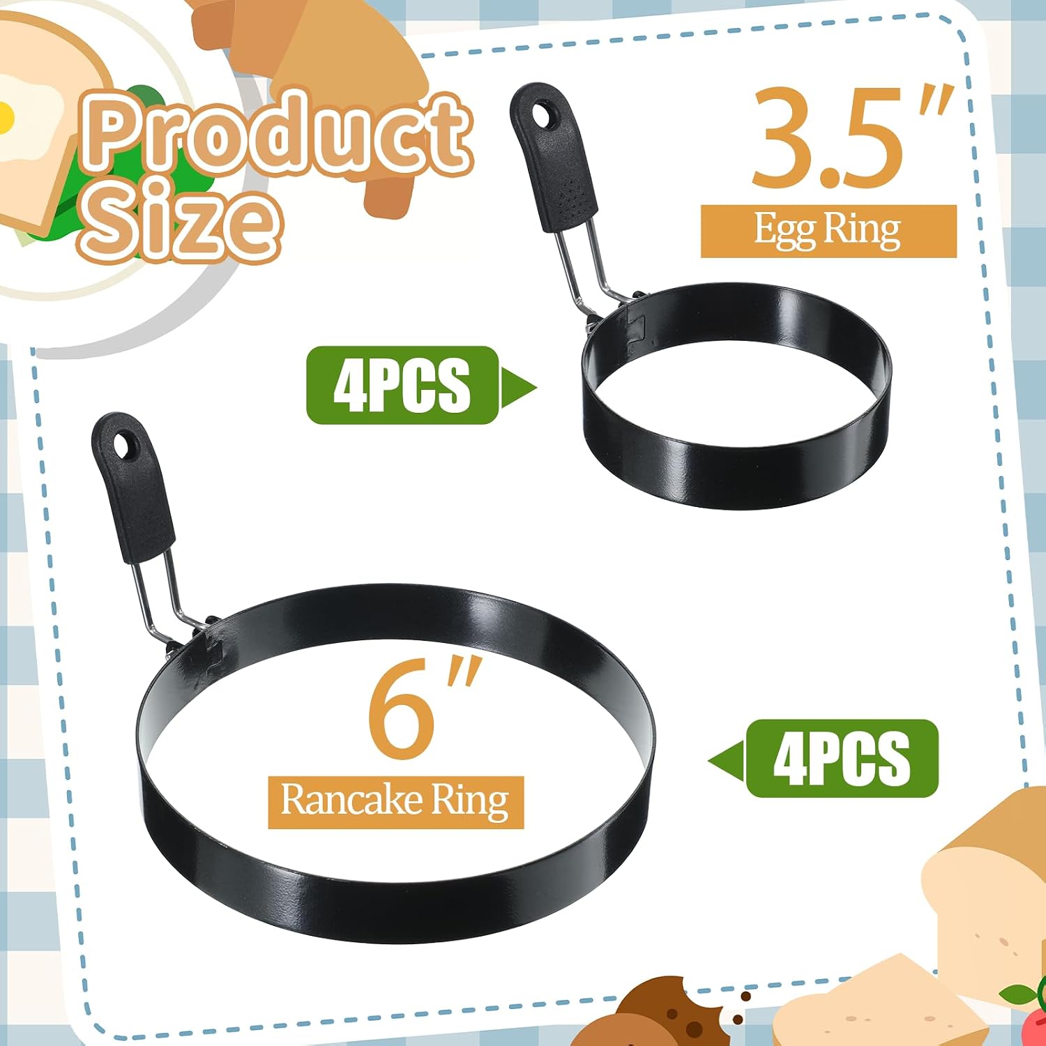 8 Pack Professional Egg Ring Pancake Ring Set, Stainless Steel Nonstick 4 Pcs Large 6" Pancake Shapers And 4 Pcs 3.5" Fried Egg Molds with Silicone Handle for Omelette Eggs Breakfast
