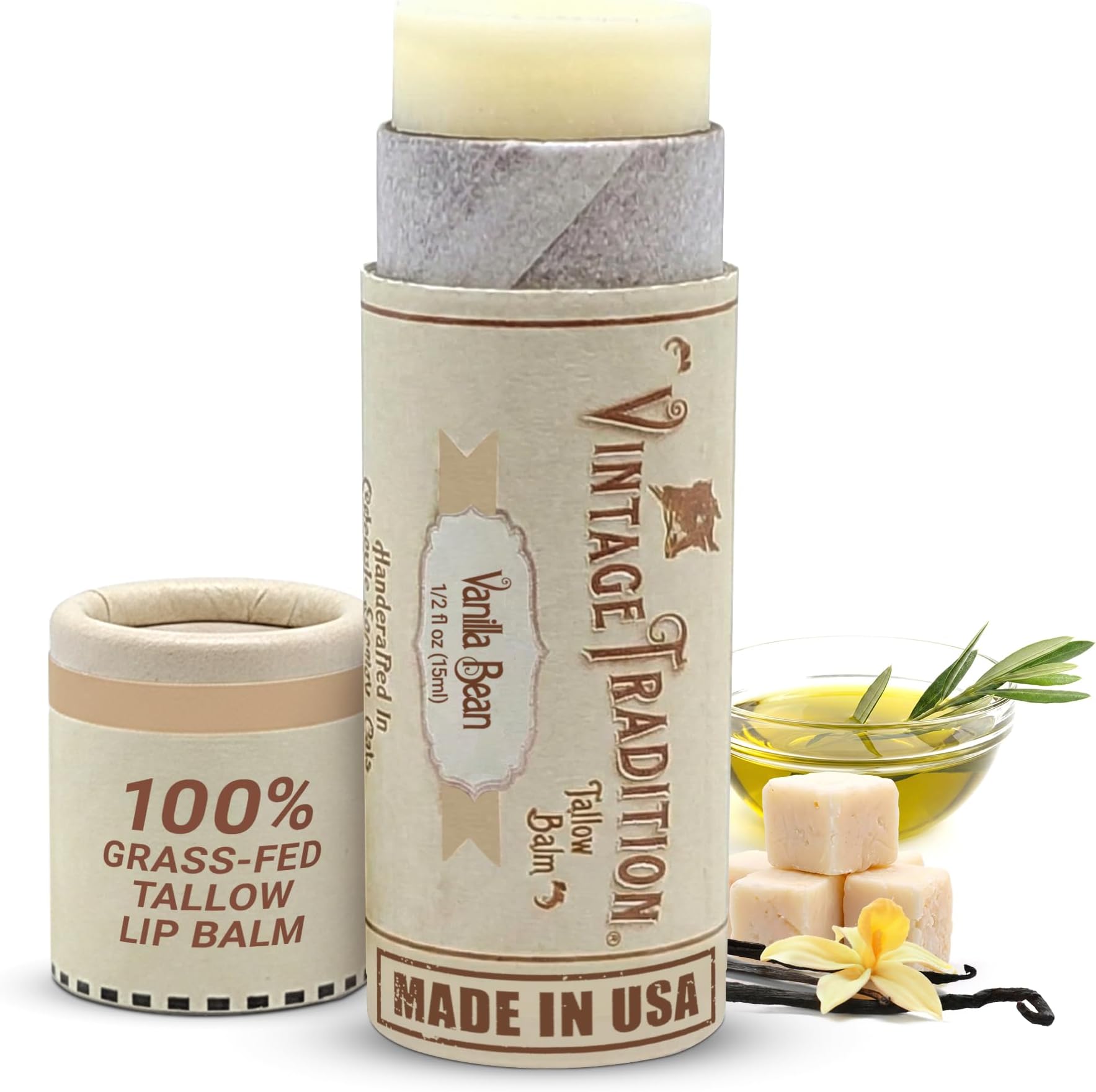 Moisturizing Beef Tallow Lip Balm – Tube Lip Moisturizer with Vanilla Extract Hydrates & Soothes Dry Lips – Grass-Fed Tallow Balm for Skin Care, 0.5 Fl. Oz.