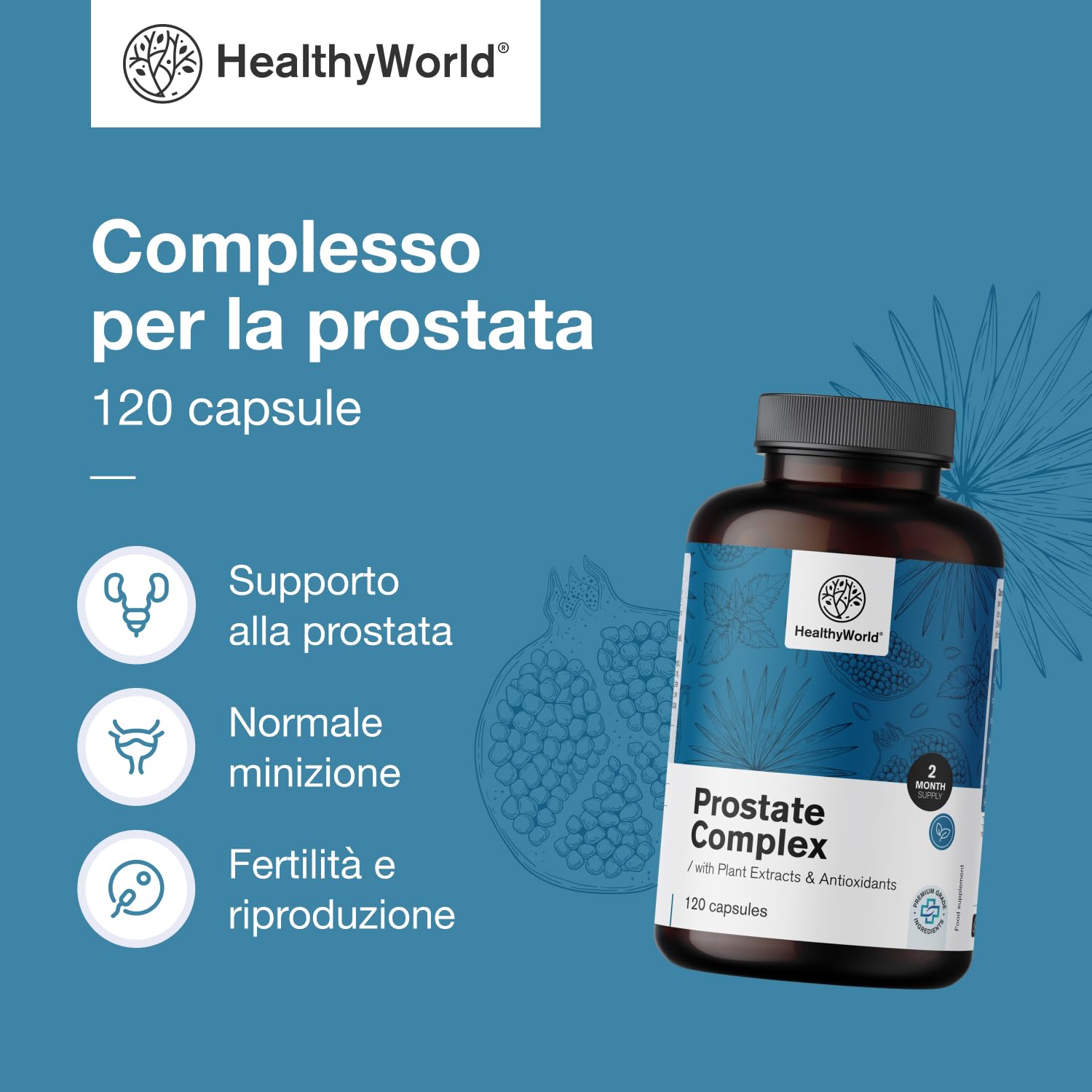 HealthyWorld® Complesso Per la Prostata - Per uomini - 120 Capsule Vegetali - Con Semi di Zucca, Melograno, Ortica, Saw Palmetto, Vitamina E, Zinco e Selenio - Supporto alla prostata