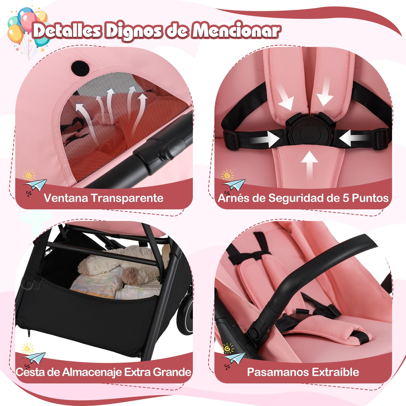 GOPLUS Cochecito Plegable para Niños, Cochecito con Respaldo Reclinado, Diseño Portátil y Compacto, con Estructura Metálica y Freno de Pie, para Niños Pequeños de 0-3 Años (Rosa)