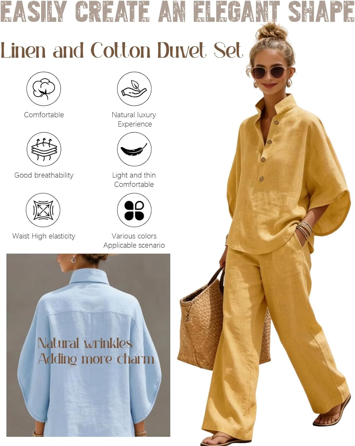Women's Linen Cotton Two Piece Sets Batwing Sleeve Button Down Shirt High Waisted Wide Leg Pants Casual Summer Outfits