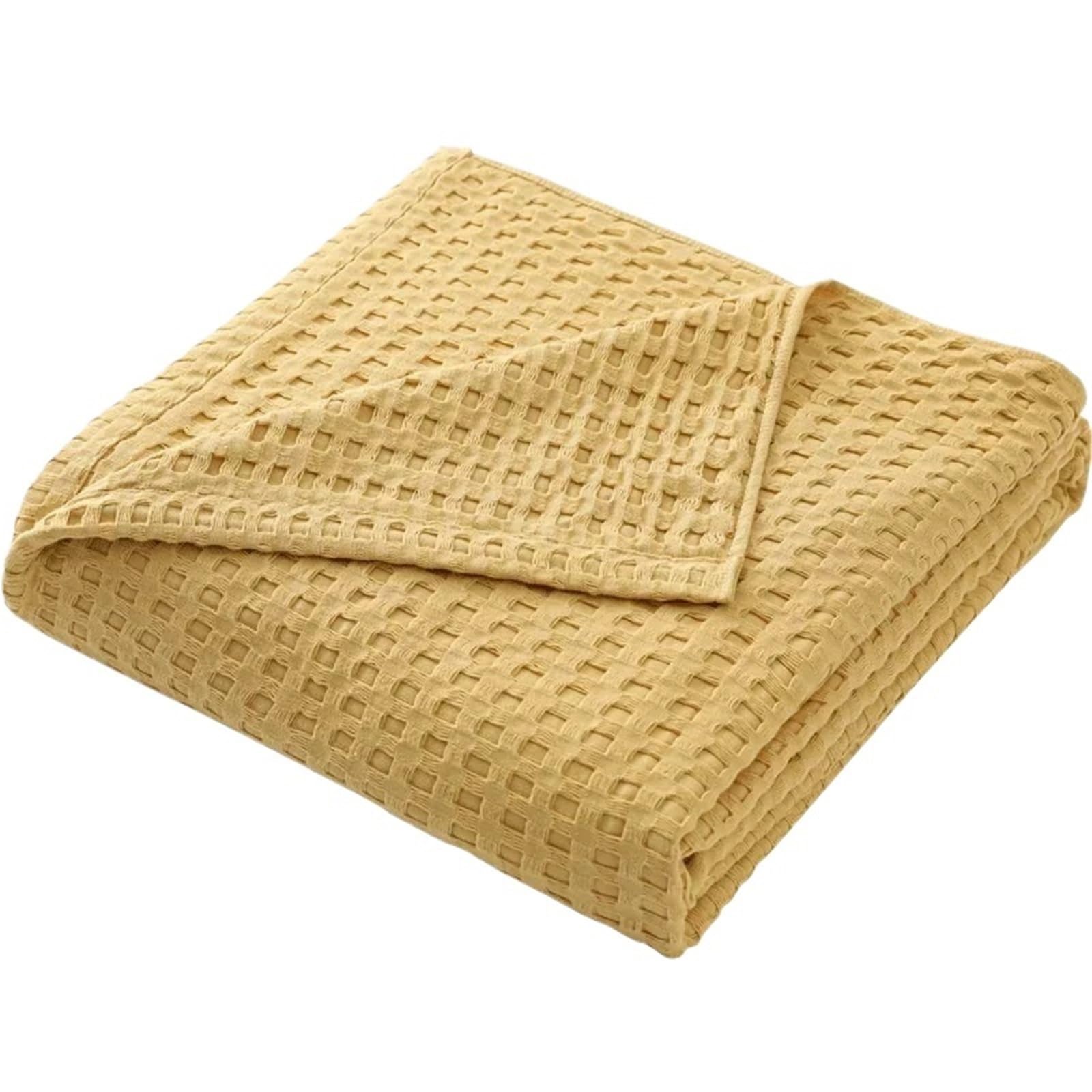 YGLEEULI Muslin Throw Blanket Summer Waffle Plaid Cotton Bed Blanket Throw Thin Quilt Knitted Bedspread Home Hotel(Yellow,200x230cm)