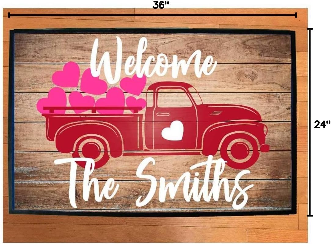 VictoryStore 24x36 Inch Valetines Red Truck Doormat – Customizable, Tufted Loop, Durgan Backed