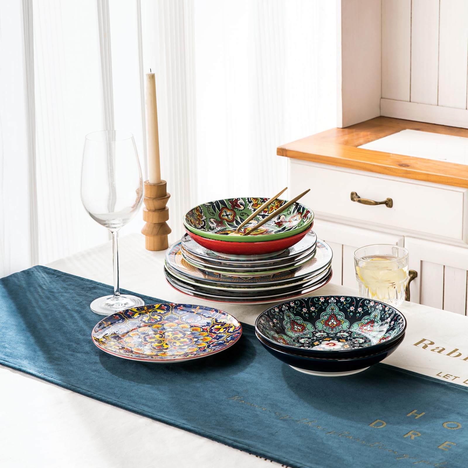 HENXFEN LEAD servizio da tavola in porcellana, servizio da 12 pezzi per 4 persone - Stoviglie colorate composte da 4x piatti da portata, 1x piatto, 4x piatti fondi - Stile bohémien