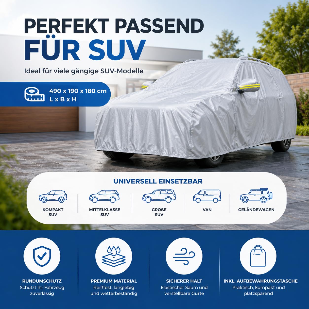 Bâche de protection pour SUV - Imperméable et résistante aux intempéries - Pour SUV (490 x 190 x 180 cm)