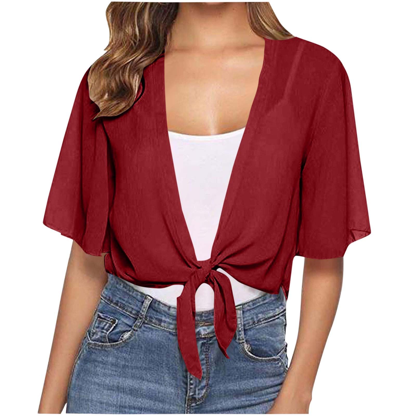 Womens Cardigans Lightweight Trendy Summer Short Sleeve Soft Shrug Chiffon Tie Front Cropped Cover Ups