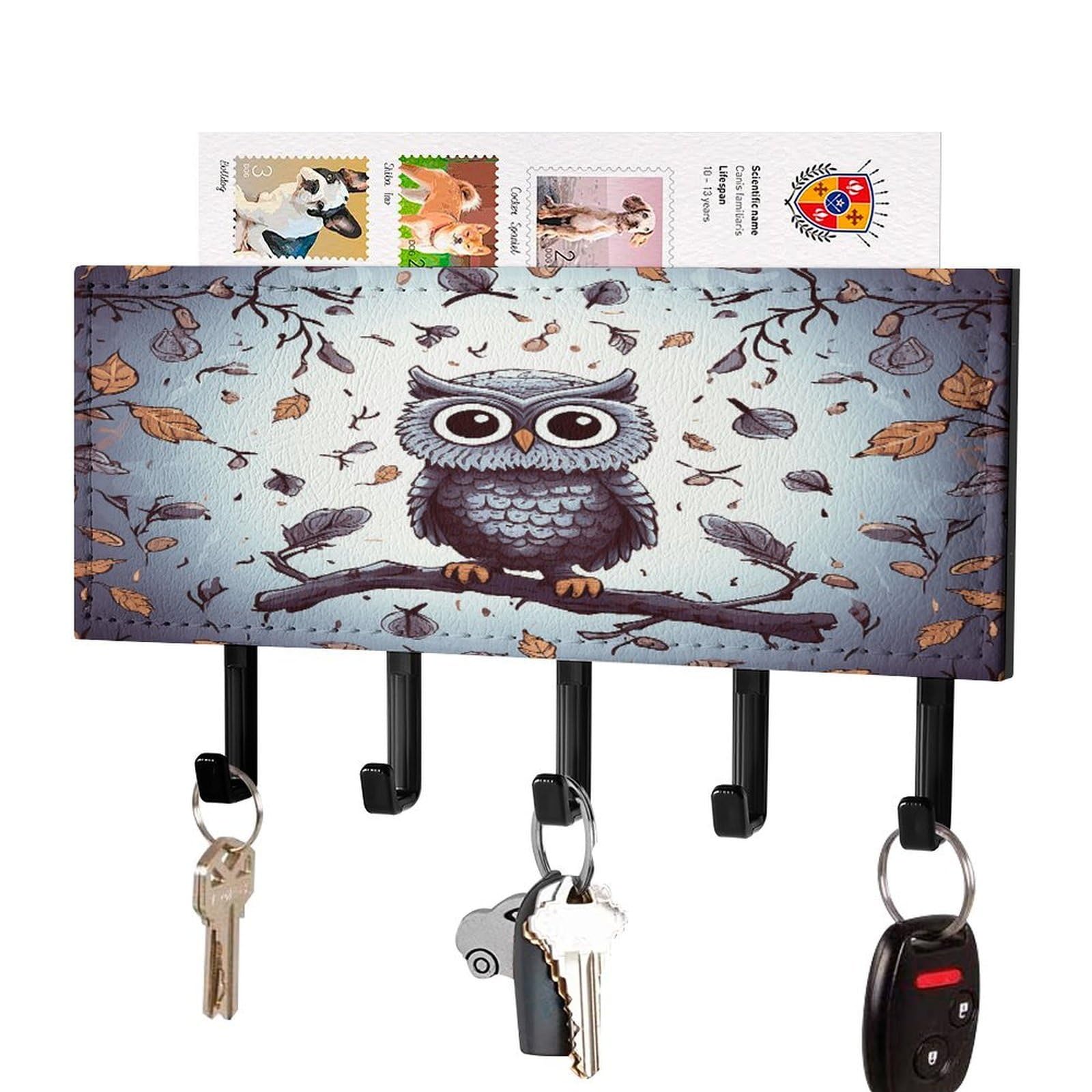 Fodpand Black-Style Owl Tree Branches Key Holder For Wall Mount Key Hooks Key Rack With Self Adhesive Pu Key Hanger Personalized Key Organizer Rack With 5 Hooks For Hallway Door Entryway