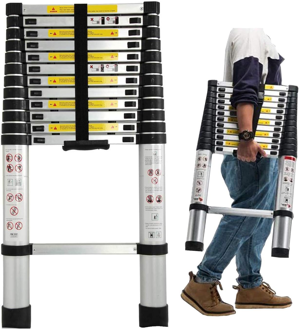 Aluminum Telescopic Portable Adjustable Folding Extension Ladder 12.5 Ft/3.8M - EN131 Certified - Lightweight Compact Multi-Purpose Telescoping Extendable Non-Slip - 330 lbs Max Capacity