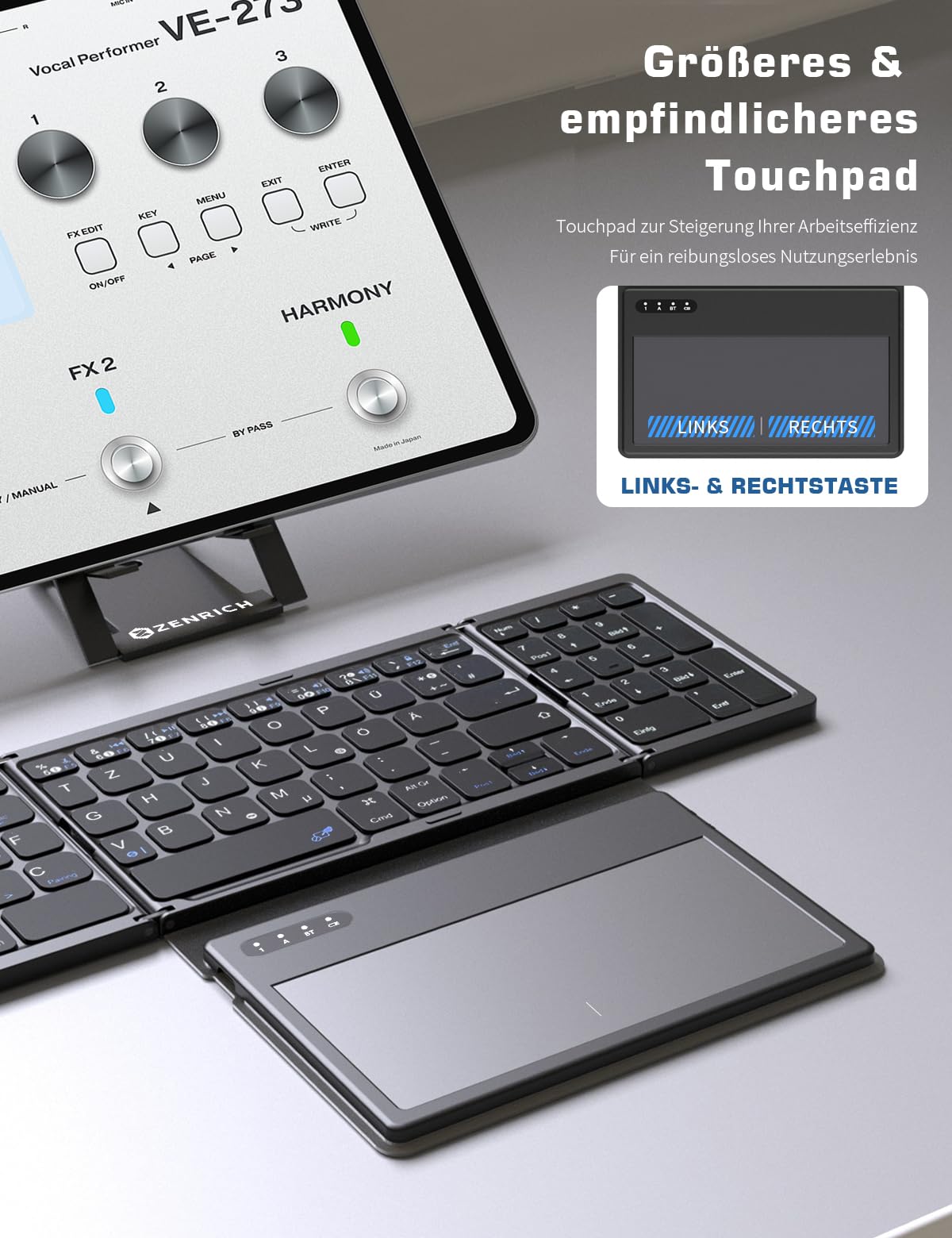 zenrich Bluetooth-Tastatur (QWERTZ) Faltbare kabellose mit Touchpad