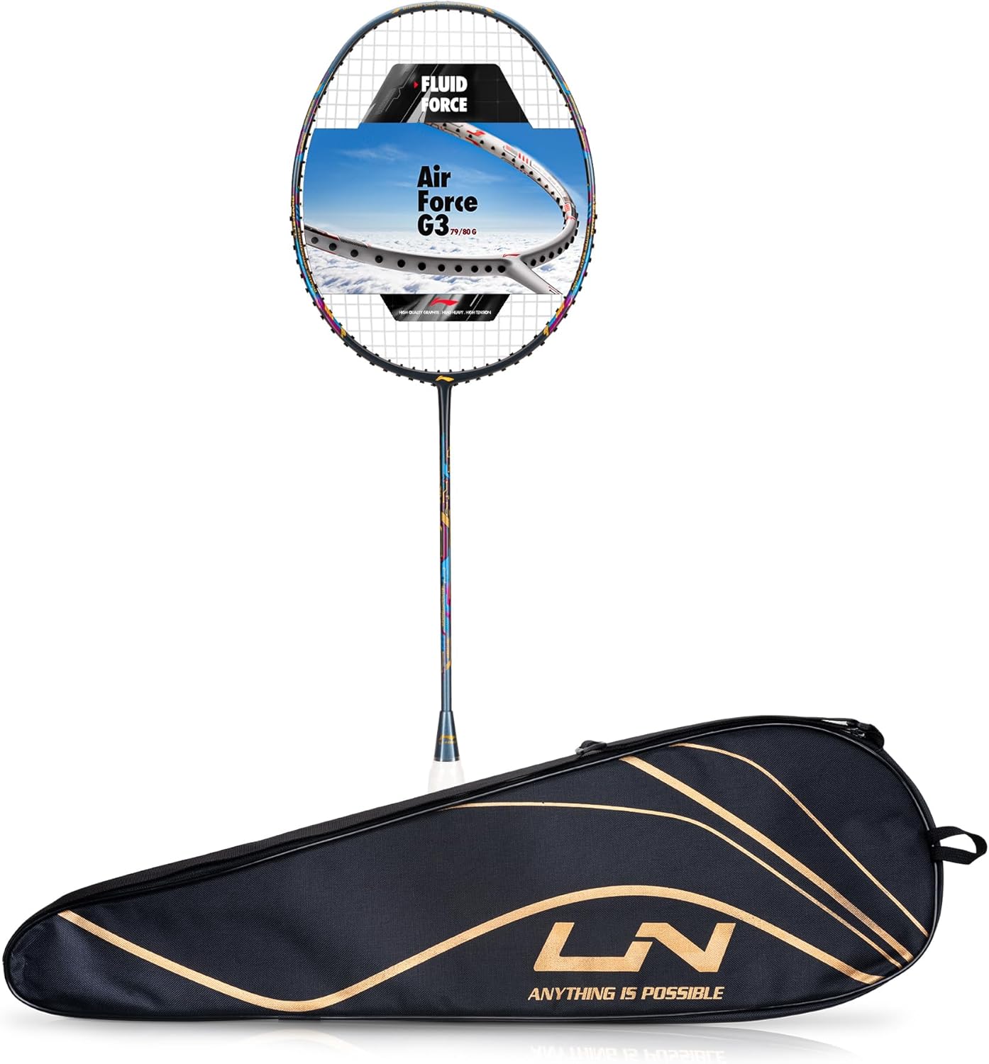 LI-NING Air - Force 78 G3 Strung Carbon Fibre Badminton Racquet (78G G6) (Charcoal/Grey/Blue)
