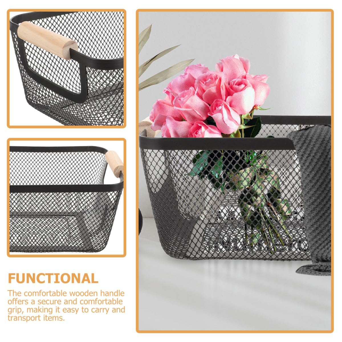 INOOMP Cesta de Gran Capacidad Rectangular de Metal Mango de Madera Estilo Nórdico para Almacenamiento y Organización en Baño y Estantes
