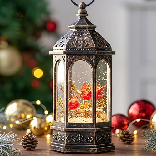Linterna de globo de nieve de Navidad con brillo de agua de 10.5 pulgadas, cardenal con música y temporizador, con forro USBfunciona con pilas,