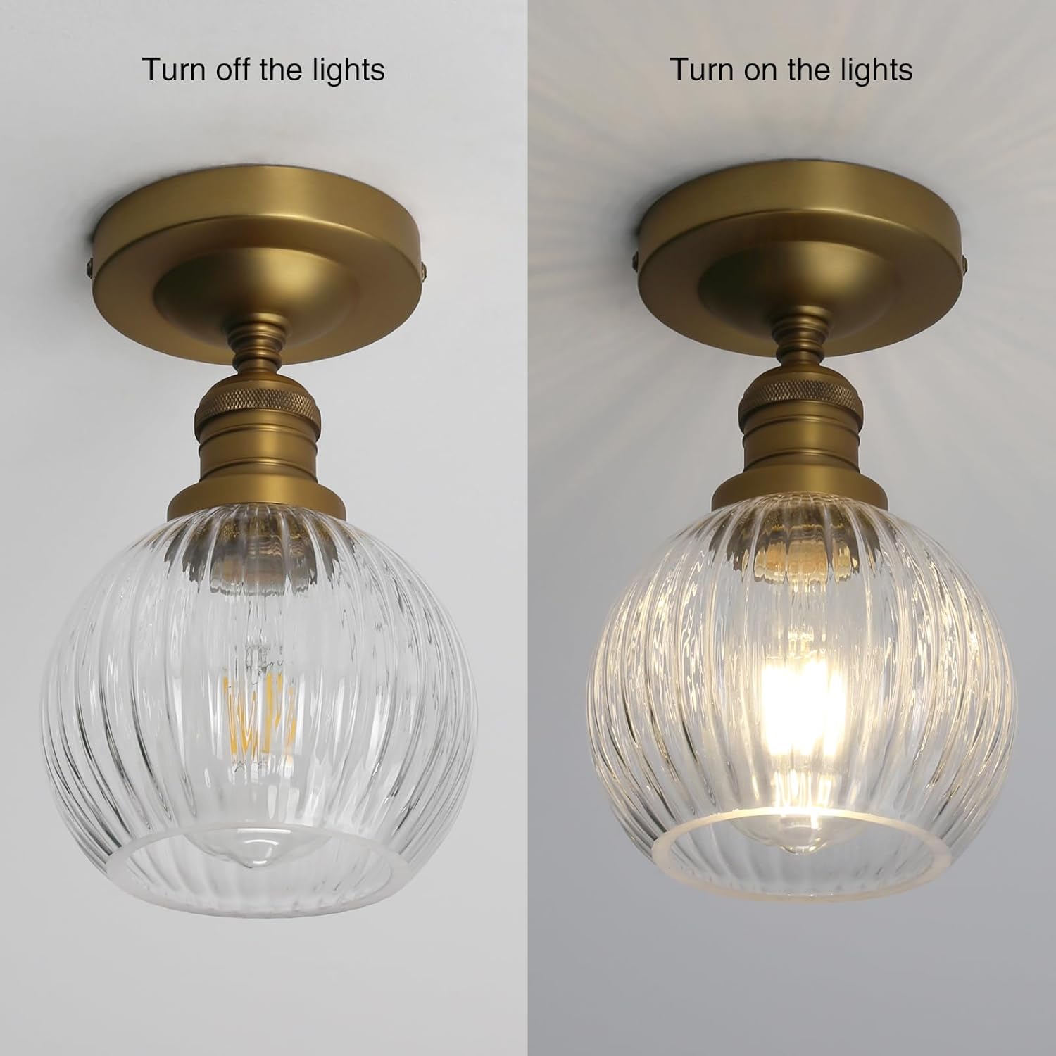 PERMO Industrial Semi Flush Mount Ceiling Light with Clear Ribbed Glass Lampshade Vintage Ceiling Lights Fixture for Bar Corridor Hallway Entryway Passway