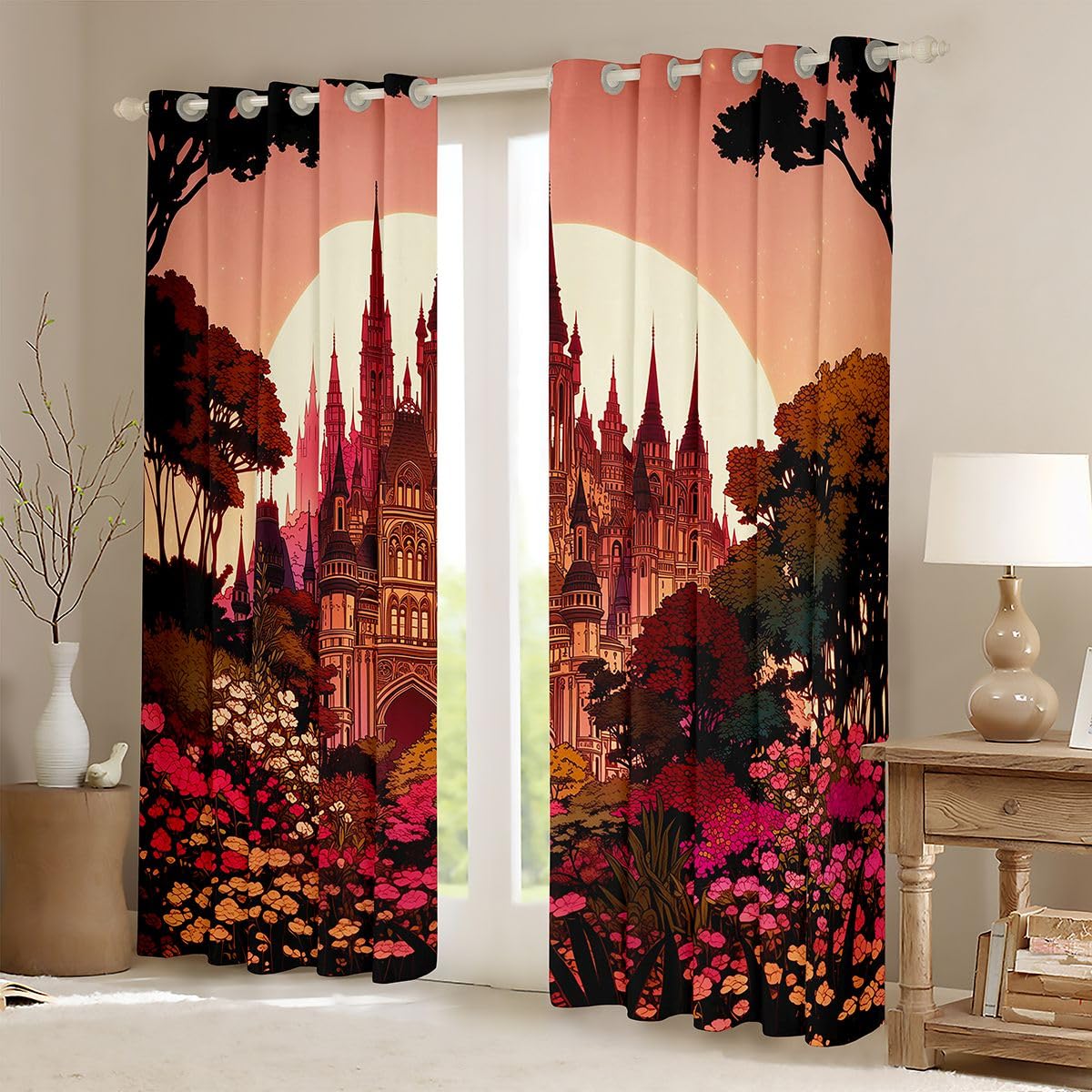 Homewish Tende per finestre al tramonto, 168 x 228 cm, set di 2 pannelli, tende oscuranti con castello, rose, margherite, fiori, alberi, principessa, tende per finestre, stelle, paesaggio, erba, per