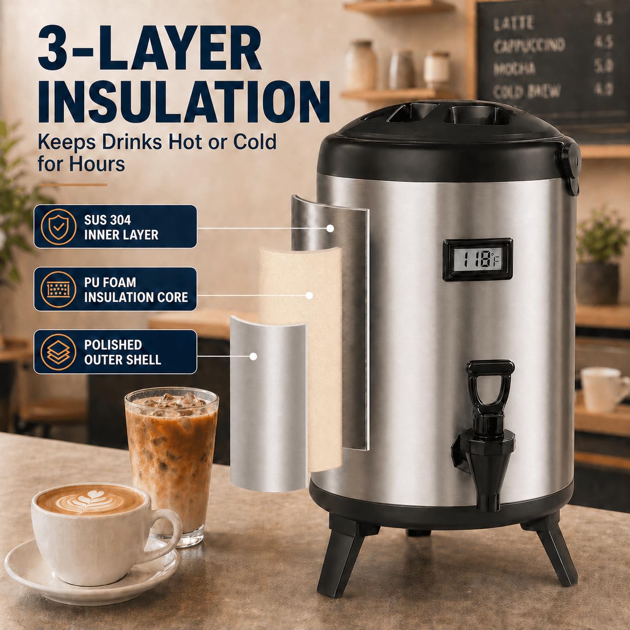 Dispensador de bebidas aislado de 3.2 galones, servidor térmico de café y bebidas de 12 litros con espiga, recipiente de bebidas frías y calientes no eléctrico para jugo, té, leche o chocolate