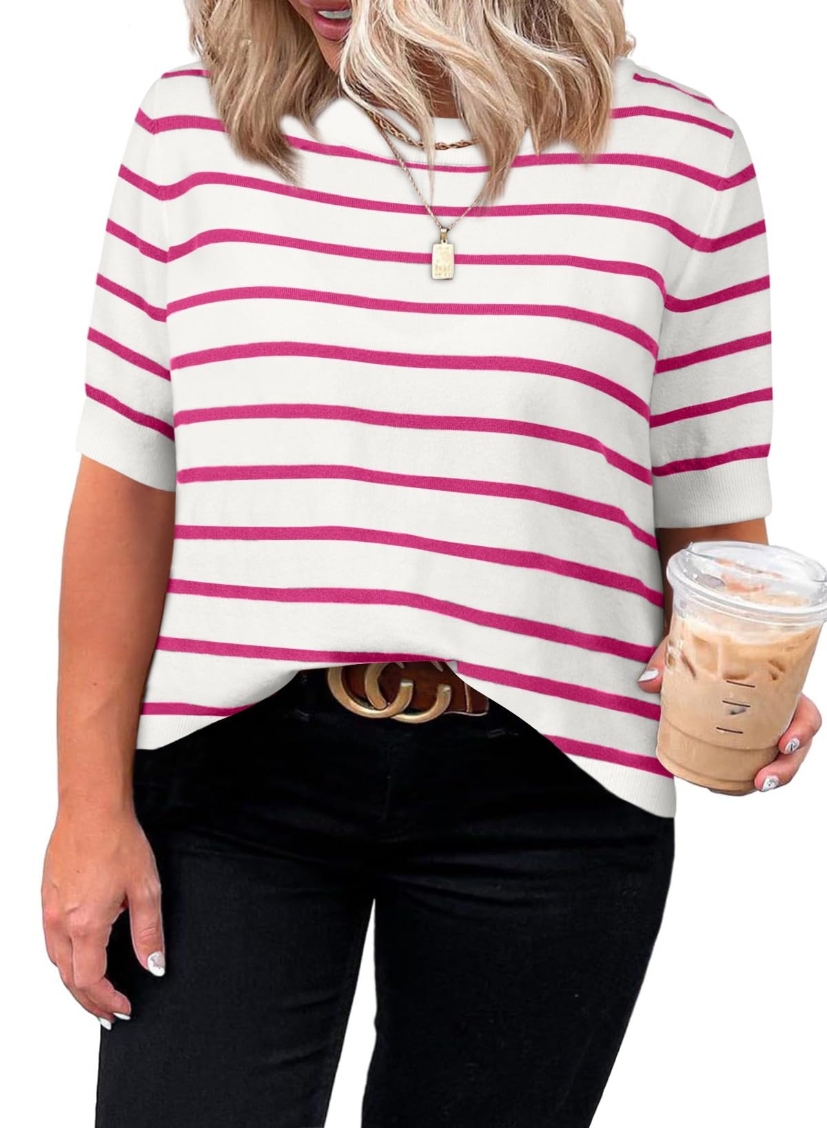 Eytino Women Plus Size Sweater Tops Short Sleeve Crewneck Striped Tshirts Casual Summer Blouses Shirts(1X-5X)