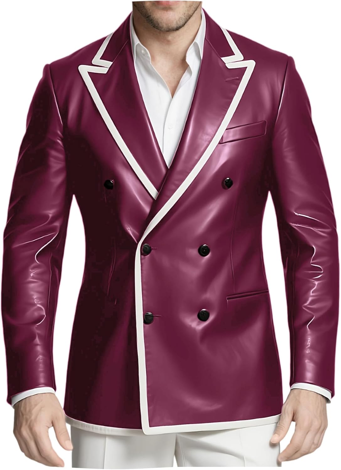 VENNYNG Men's Two-Tone PU Leather Jacket Double Breasted Motor Blazer Fashion Coat for Men