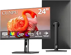 CUNPU Monitor de computador 4K de 24 polegadas, painel IPS UHD (3840 x 2160) para edição de foto e vídeo, ΔE < 2, 185PPI, DCI-P3 100%, 1,07B + cores, HDR10, VESA, altura ajustável, vertical