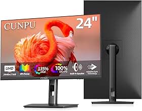 CUNPU Monitor IPS UHD 4K de 24 polegadas, 185PPI, ΔE < 2, 100% DCI-P3, 1,07B + cores, suporte ajustável vertical de altura, alto-falantes duplos embutidos, VESA – para edição de fotos, trabalho de