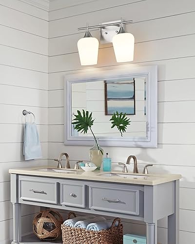 Miniatura 8 de OS-YQ9167-2BNW - Lámpara de baño de níquel cepillado de 15 pulgadas sobre espejo, lámpara moderna de pared de baño con vidrio esmerilado, 2 luces