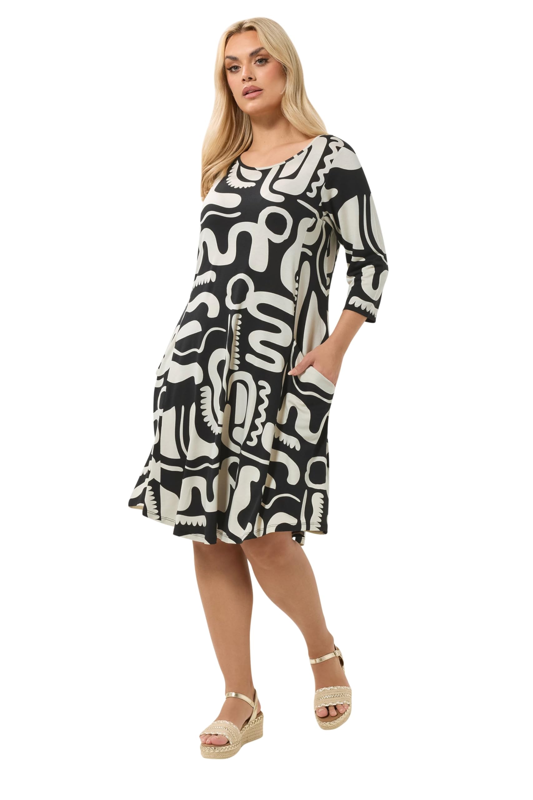 Yours Women's Jet Black Curve Black Abstract Geometric Tunic Dress - Plus Size Curve