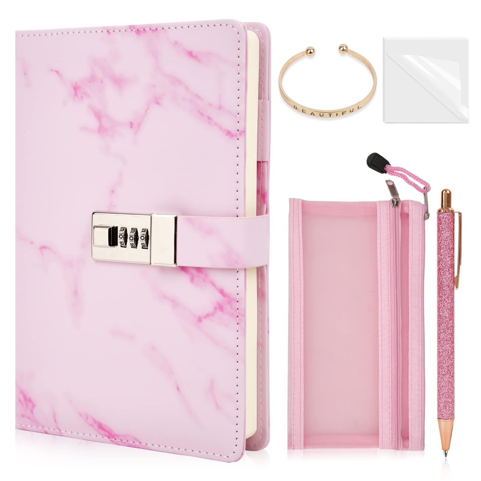 Diary Gift Set, Marble PU Leather 300 Pages Journals for Writing, Drawing Notebook with Lock Includes Combination Lock, Double Layer Pencil Pouch, Bracelet, Diamond Pen