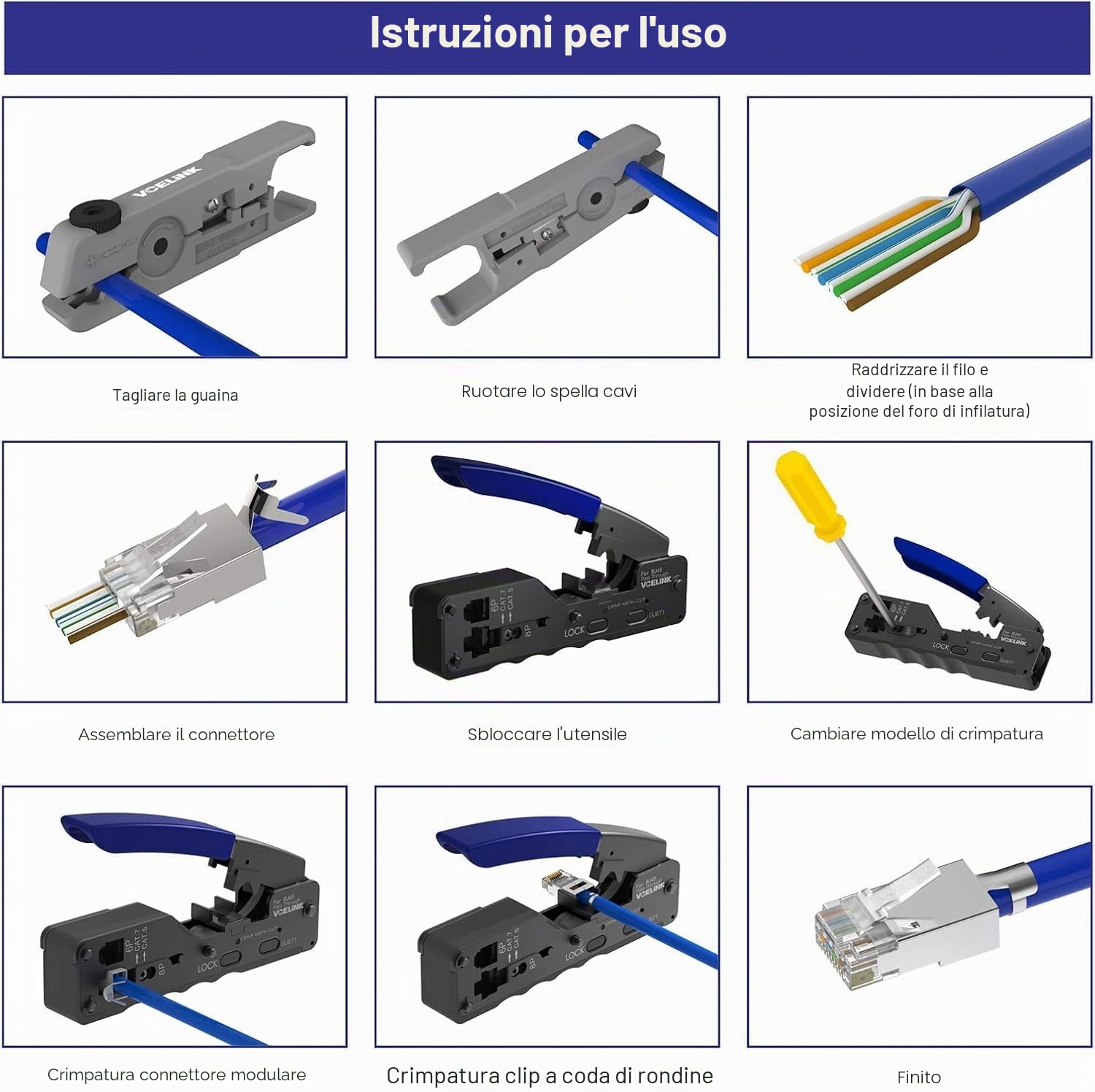 VCELINK Kit Crimpatrice RJ45 44 in 1 Tester LAN 20 Connettori Cat7 Passanti | Lame integrate rifilano i conduttori a filo per contatti puliti e crimpature affidabili al primo colpo su connettori passanti