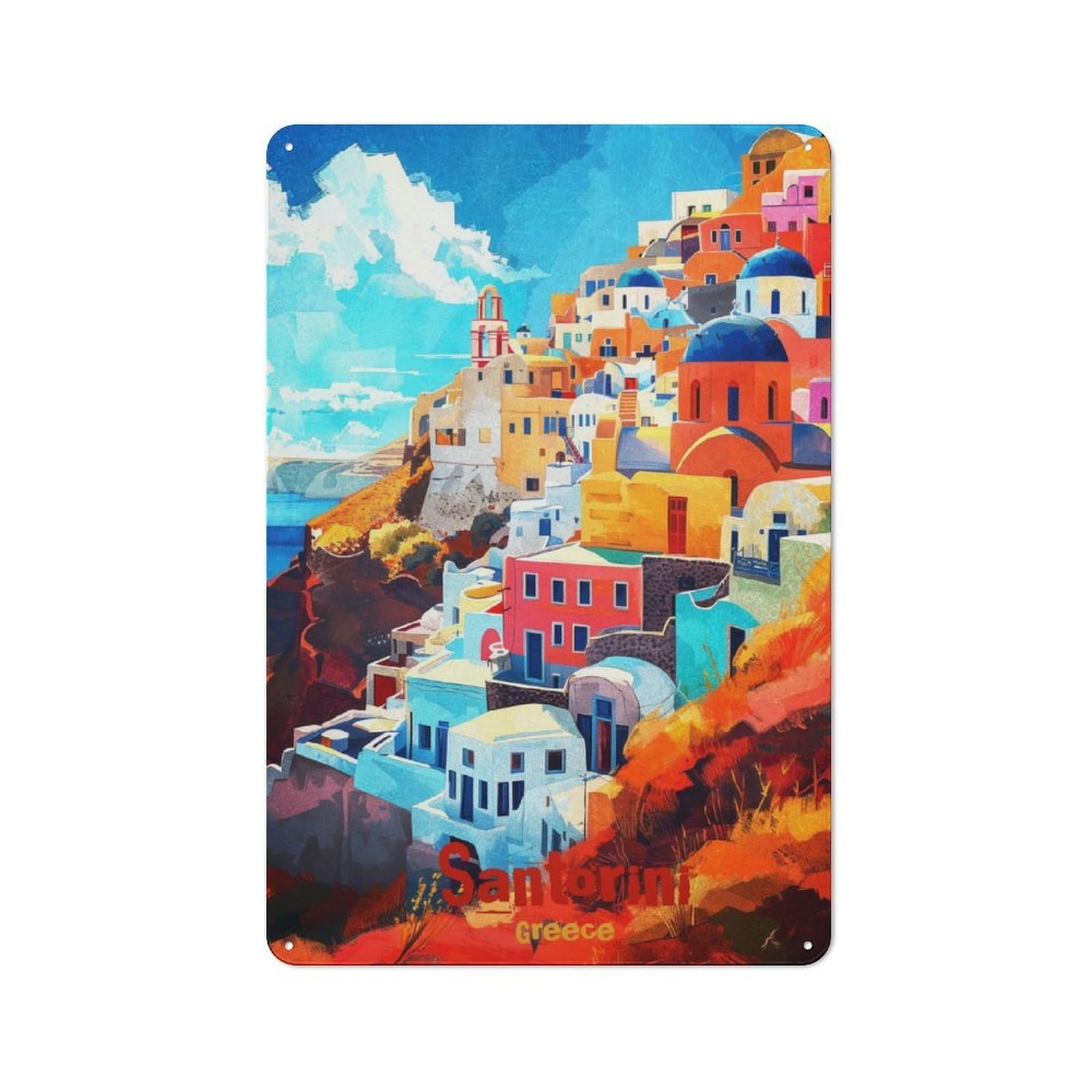 Junmoney Santorini Art Metal Wall Sign 30X20cm, Rustic Decor For Hallway Wall, For Metal Sign Collectors, For Garage And Workshop Walls