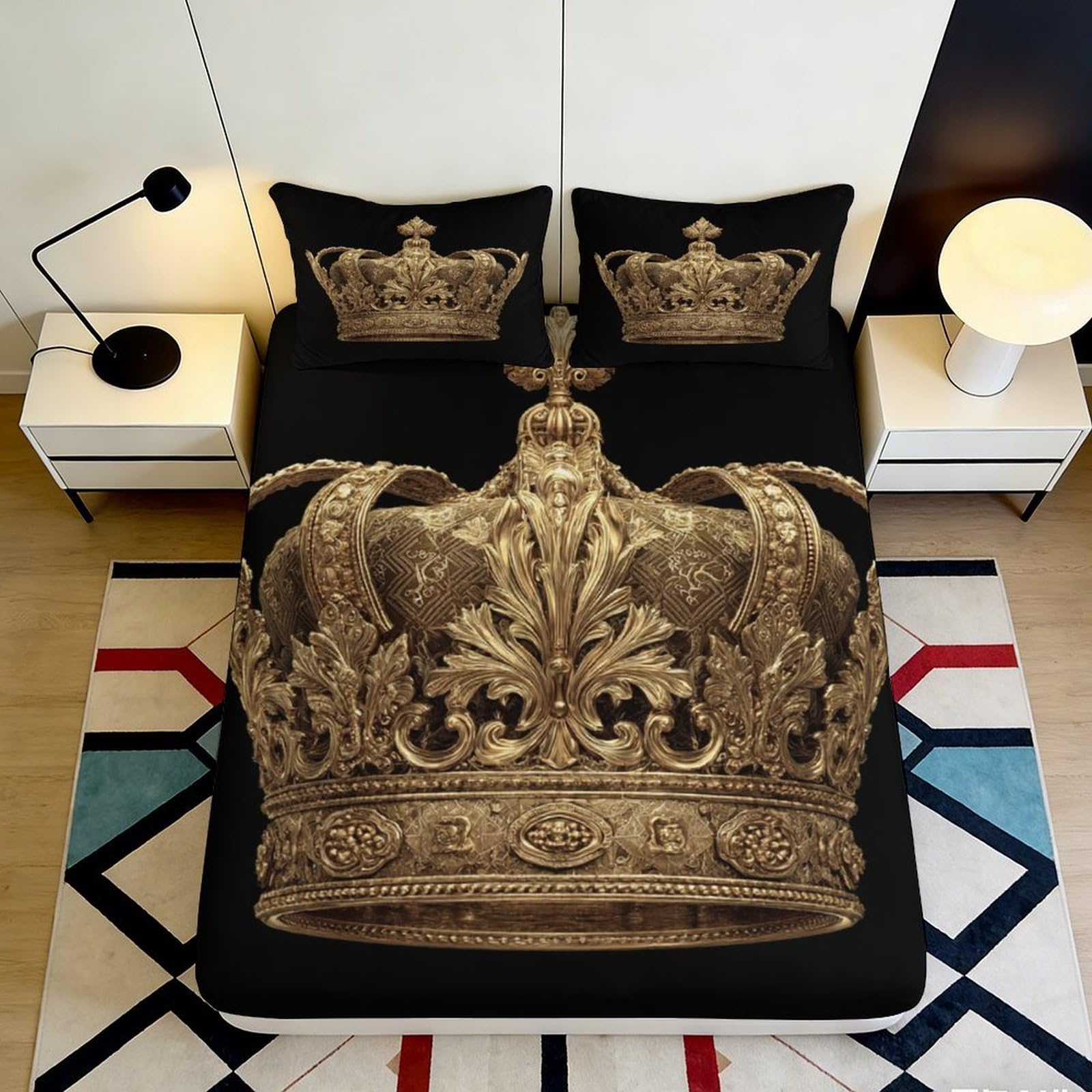 3D Printed Royal Crown Fitted Sheet Microfiber Soft Black Gold Regal Bed Cover for Bedroom Dorm Mattress Decor 90x200x25cm