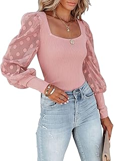 miduo Womens Tops Crewneck Lace Splicing Long Sleeve Top Shirts Slim Knit Ribbed Tops Blouses