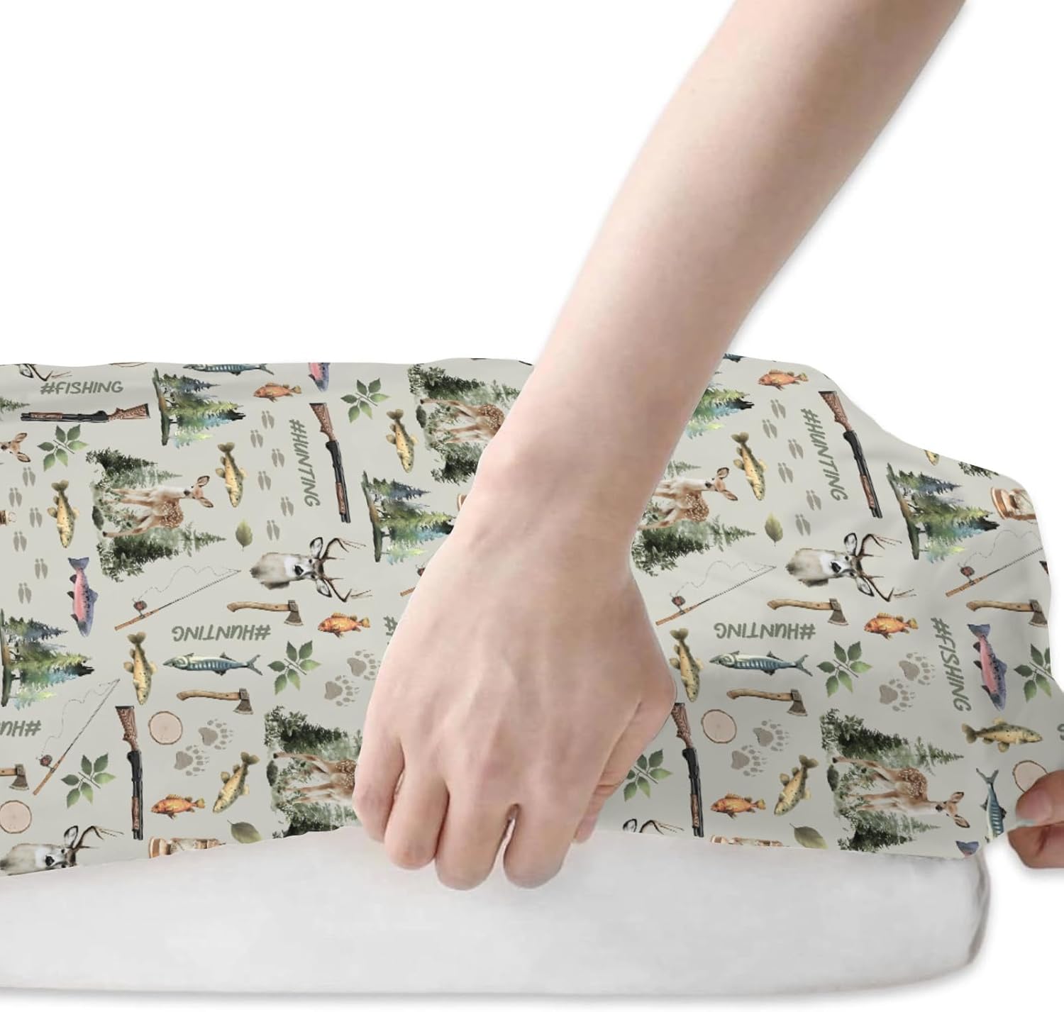 Vintage Fishing Hunting Life Baby Crib Sheets for Boy Girl 52x28 Bass Fish Deer Paws Green Forest Soft Snug Fitted Crib Mattress Cover Nature Baby Sheet for Standard Crib & Toddler Mattress 2 Pack