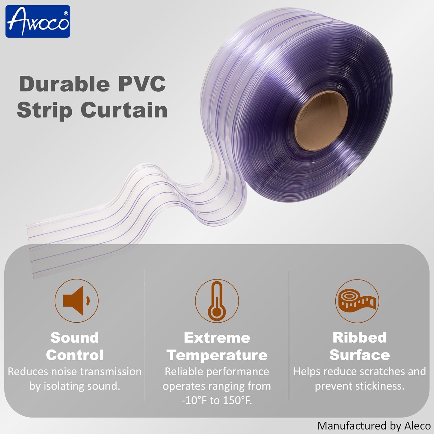 Awoco PVC Strip Roll, 8" x 150ft, 0.198" Max Thick, Ribbed Scratch-Resistant Door Curtain for Warehouse, Walk-in Cooler Freezer, Energy-Saving, Made in USA by Aleco