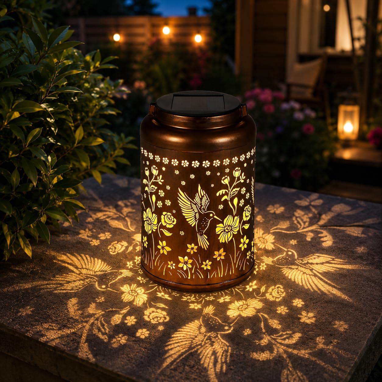 Solar Hanging Lantern Outdoor Waterproof, Metal Jar Light with Hummingbird Floral Cut Design, Warm LED Decorative Garden Light for Balcony, Patio, Yard & Home Décor (4)-image-26