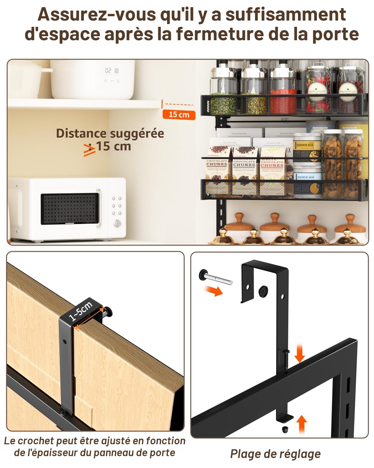 Étagère à Epices, Rangement Epices Cuisine Réglable à 6 Niveaux Au-dessus de la Porte, Garde-manger avec Crochet pour Etagère à Epices, Etagere a Epices en Métal pour Epices, 127,5*43,5 cm, Noir