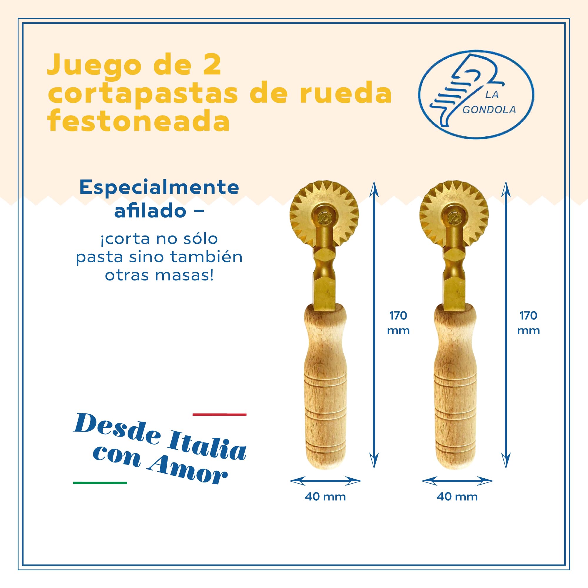 La Gondola Set de 2 Cortadores de Rueda Festoneada | Utensilios para Pasta Fresca para Casa y Negocio | Cortapastas Fácil de Usar de Latón y Madera Natural | Cortador de Raviolis
