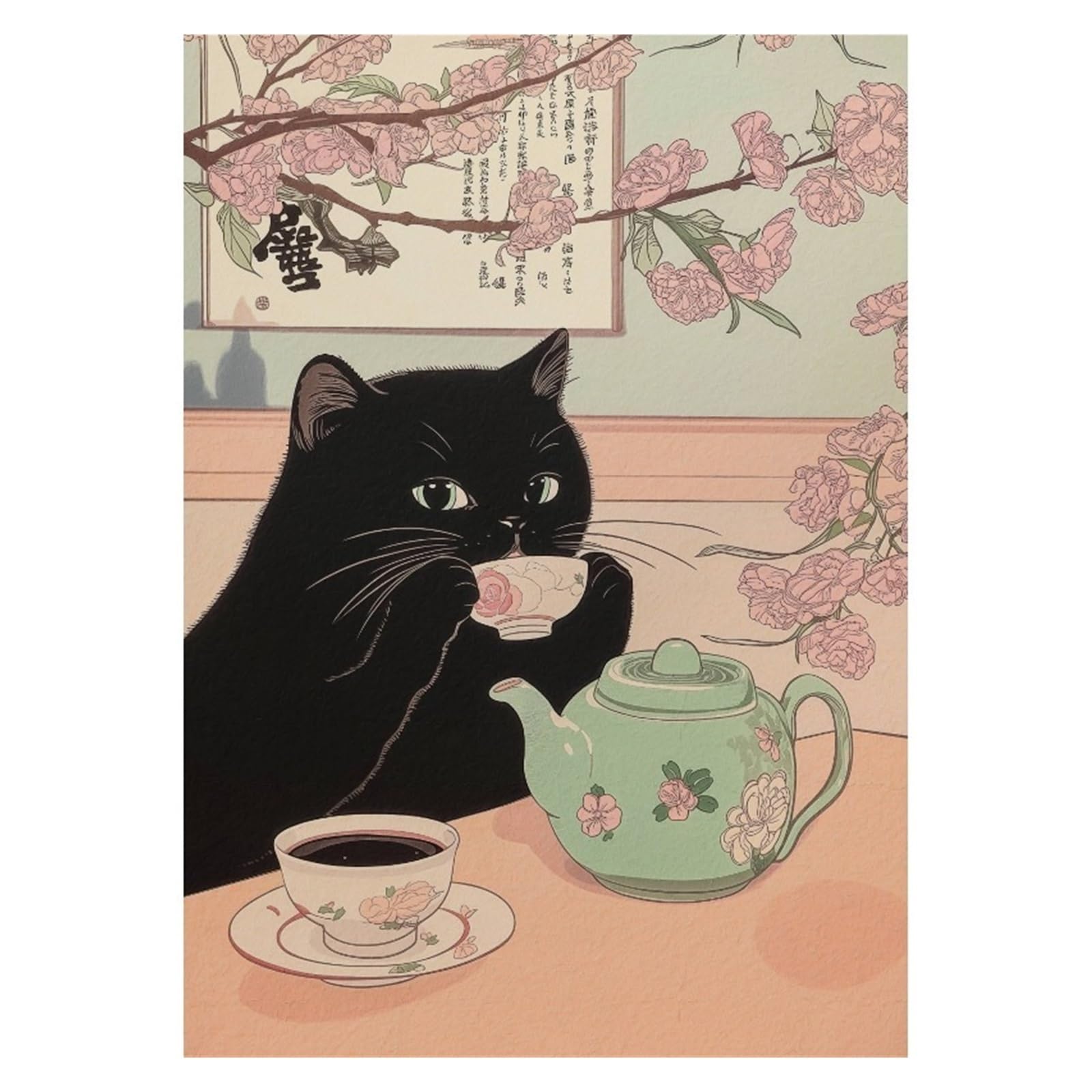 Graiting 1pc Noble Tabby Cat Eating Ramen Fuji View Poster Wall Pictures Canvas Painting Home Bathroom Decor(5,30x45cm)