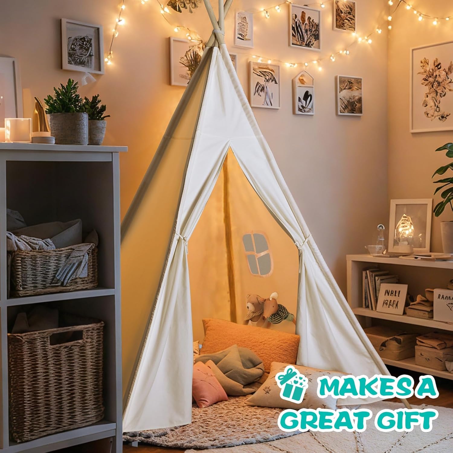 Sumbababy Large Teepee Tent for Kids Indoor - Cotton Canvas Slumber Play Tents for Adults - Foldable Sleepover Tents for Girls Boys Party Gift Toy, White