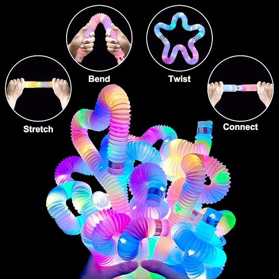 Light Up Pop Tubes LED Sensory Fidget Toys LED Pop Glow Sticks Glow in the Dark Party Supplies for Christmas Party Decorations, 12 Pack Glow Pop Tubes Fidget Toy (A)