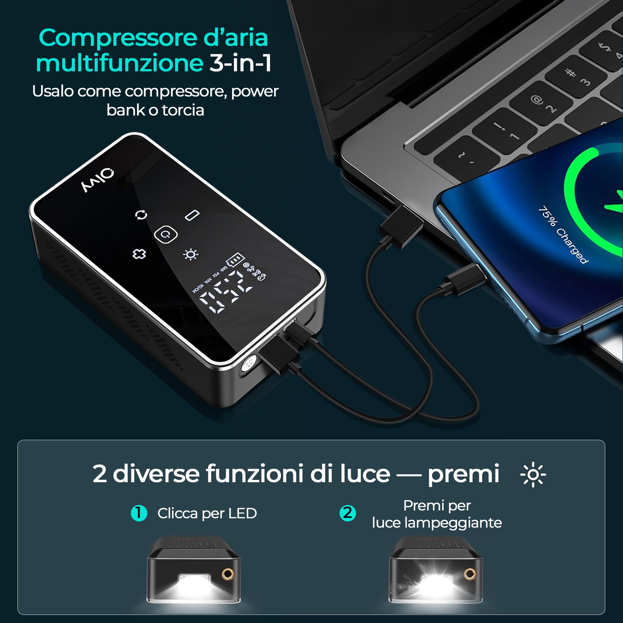 Olvy Compressore d'aria portatile - Gonfiatore di pneumatici senza fili 12V - Batteria ricaricabile 6000 mAh - Display digitale - Spegnimento automatico - Luce LED - Per auto, bici, moto, palla e mate