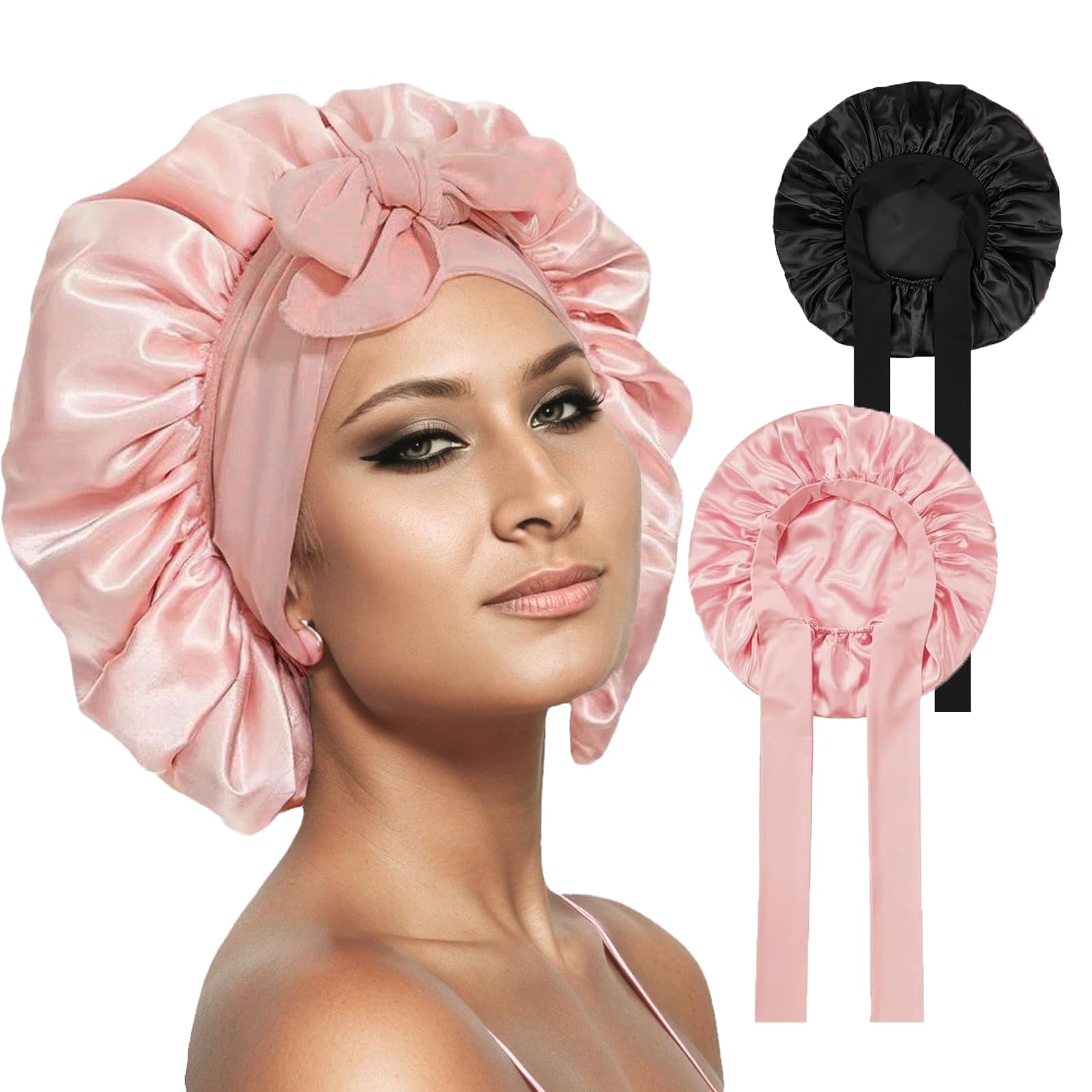 Luoqun88 Silk Sleep Bonnets for Women 2PC Adjustable Satin Night Sleeping Cap Soft Elastic Band Silk Bonnets for Sleeping Hair Bonnet with Tie Band for Curly Hair Braid Women (Black+Pink)