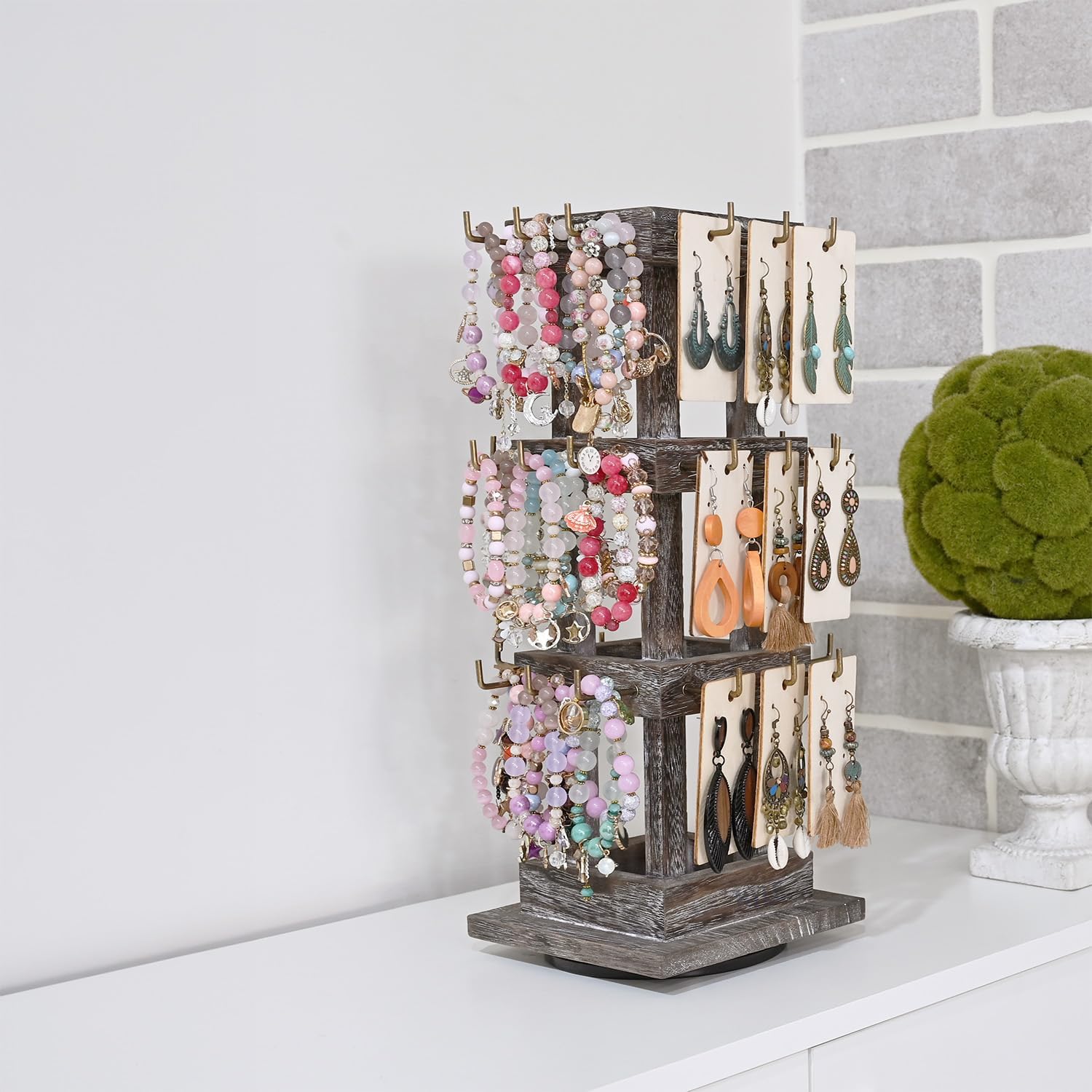 Ikee Design Wood Rotating Jewelry Display Stand Tower,Spinning Keychain Display Stand,36 Hooks Spinning Earring Display Rack for Vendor,Necklace ,Bracelet, Coffee Color