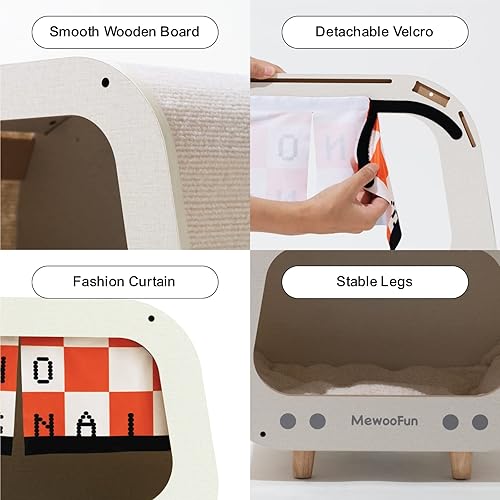 Miniatura 4 de MEWOOFUN Casa de TV para gatos de interior, casa de madera para gatos, cama para gatos, refugio para gatos con cojín reversible suave, cortina de