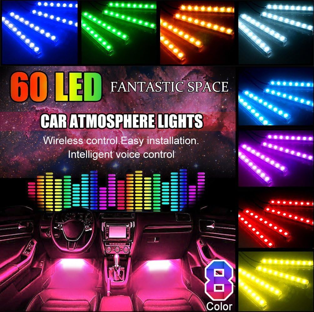 Car Interior Lights, POMILE Waterproof 4x15 LED Neon Lamp Lights with Remote Control for Car Auto Decoration Music Lighting Kit 12V Multi-color Car LED Strip Lights (with USB Port)