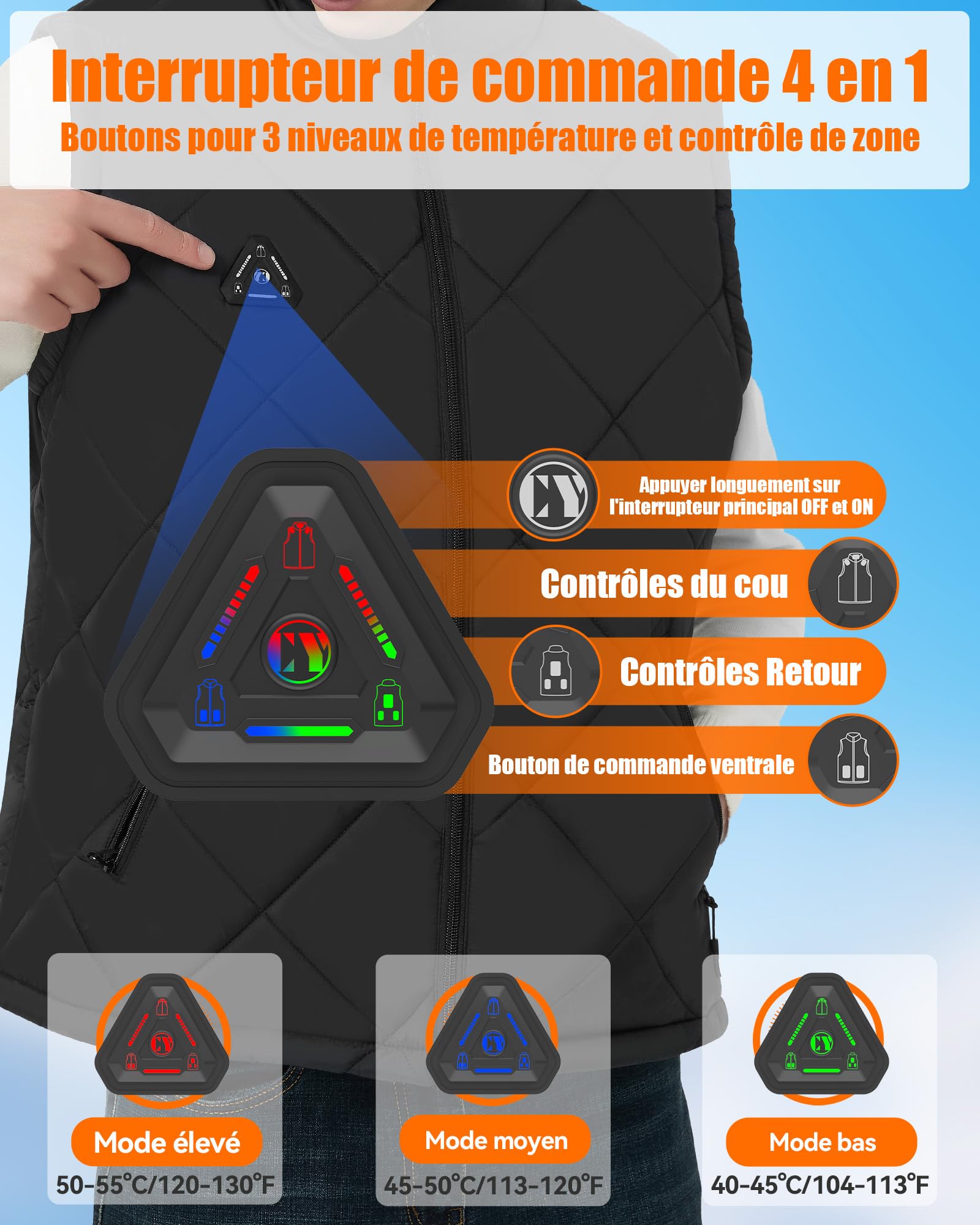 CYCYHEAT Gilet Chauffant Hommes Femmes Batterie 7,4V 10000mAh Commande 4-en-1 Chauffage Fibre de Carbone