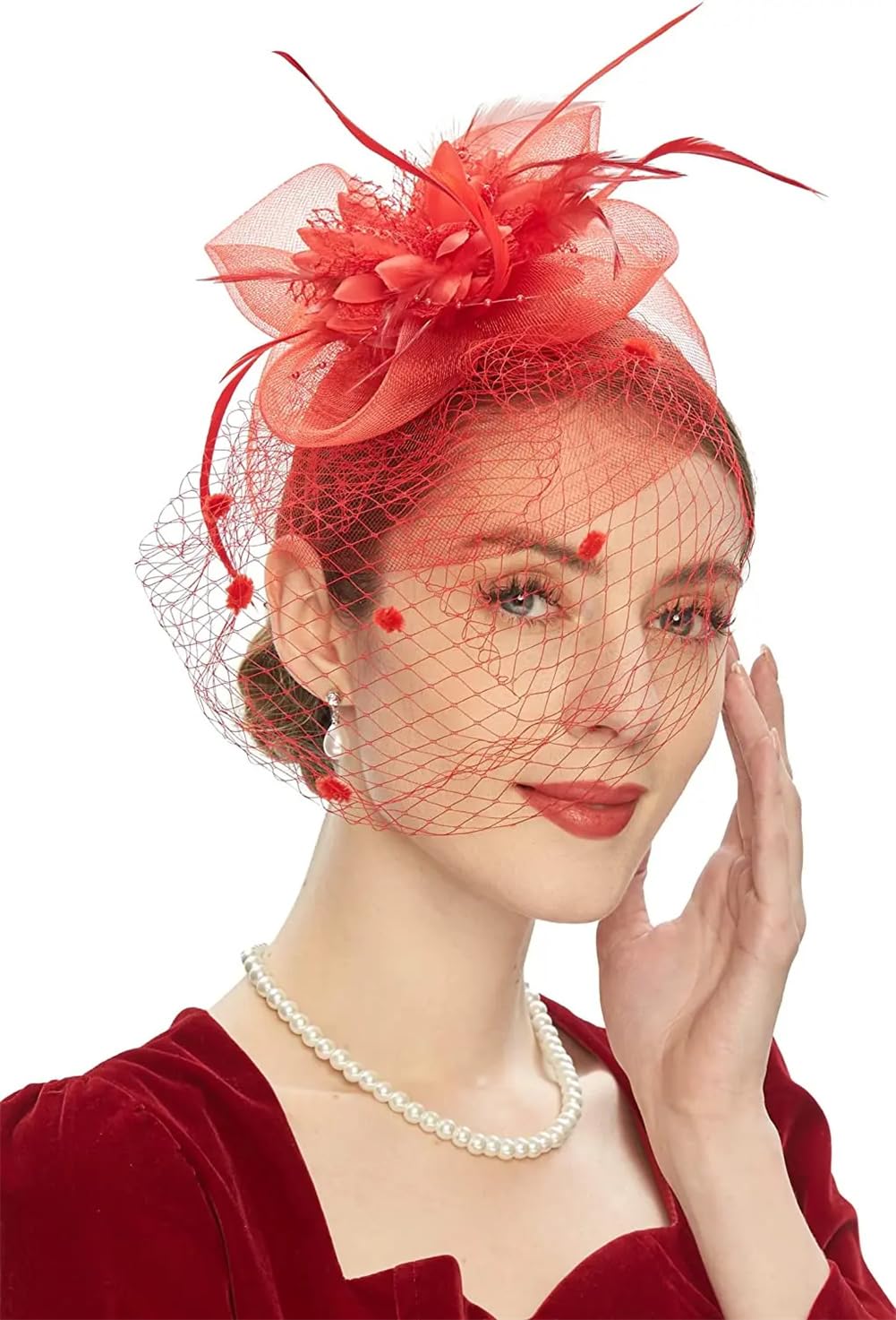 Tocado de Novia para Mujer, Diadema para Fiesta de té, Sombrero de Boda, Velo de Malla con Flores, Tocado (Rojo, Talla única)