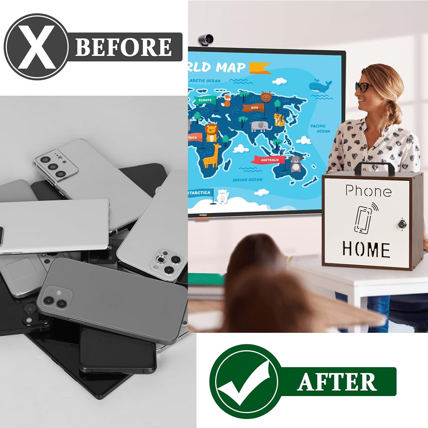 Echaprey Cell Phone Holder Classroom Adjustable 33 Slots Pocket Chart Wooden Cell Phone Storage Cabinet with Handle and Lock Desktop Cell Phone Holder for Classroom Office (Black Walnut)