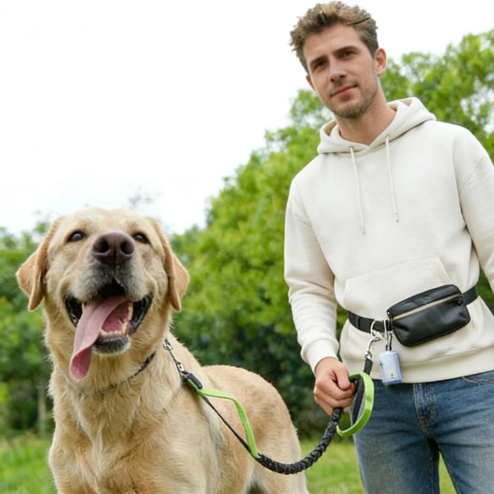 Guinzaglio per cani a mani libere con marsupio, corda elastica ammortizzante, sistema a doppio guinzaglio, cintura regolabile e due guinzagli, cuciture riflettenti per la sicurezza notturna