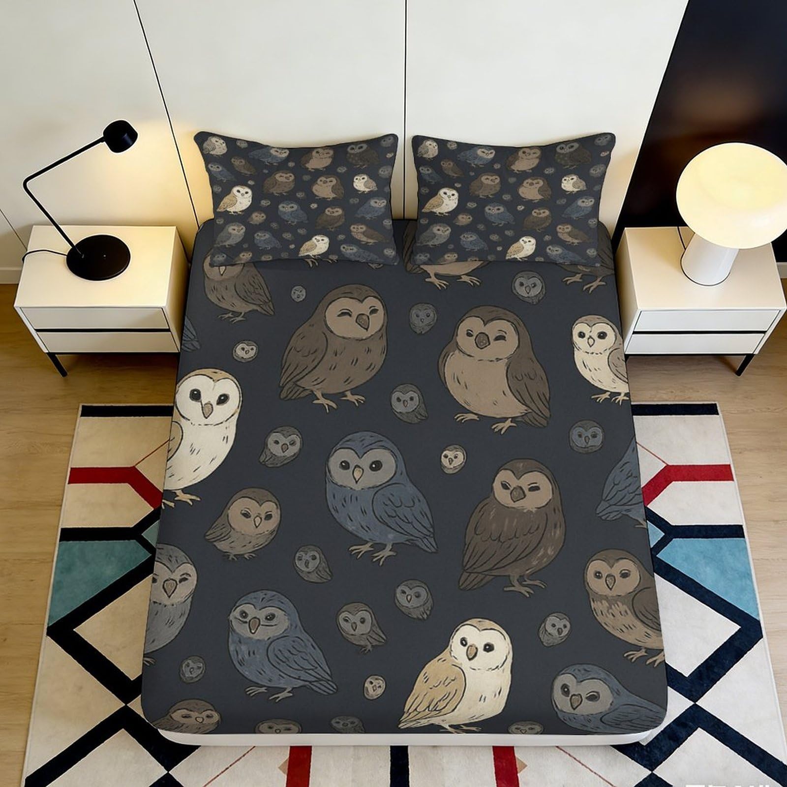 3D Printed Owl Forest Fitted Sheet Microfiber Soft Breathable Night Bird Mattress Cover for Bedroom Dorm Decor 90x200x25cm