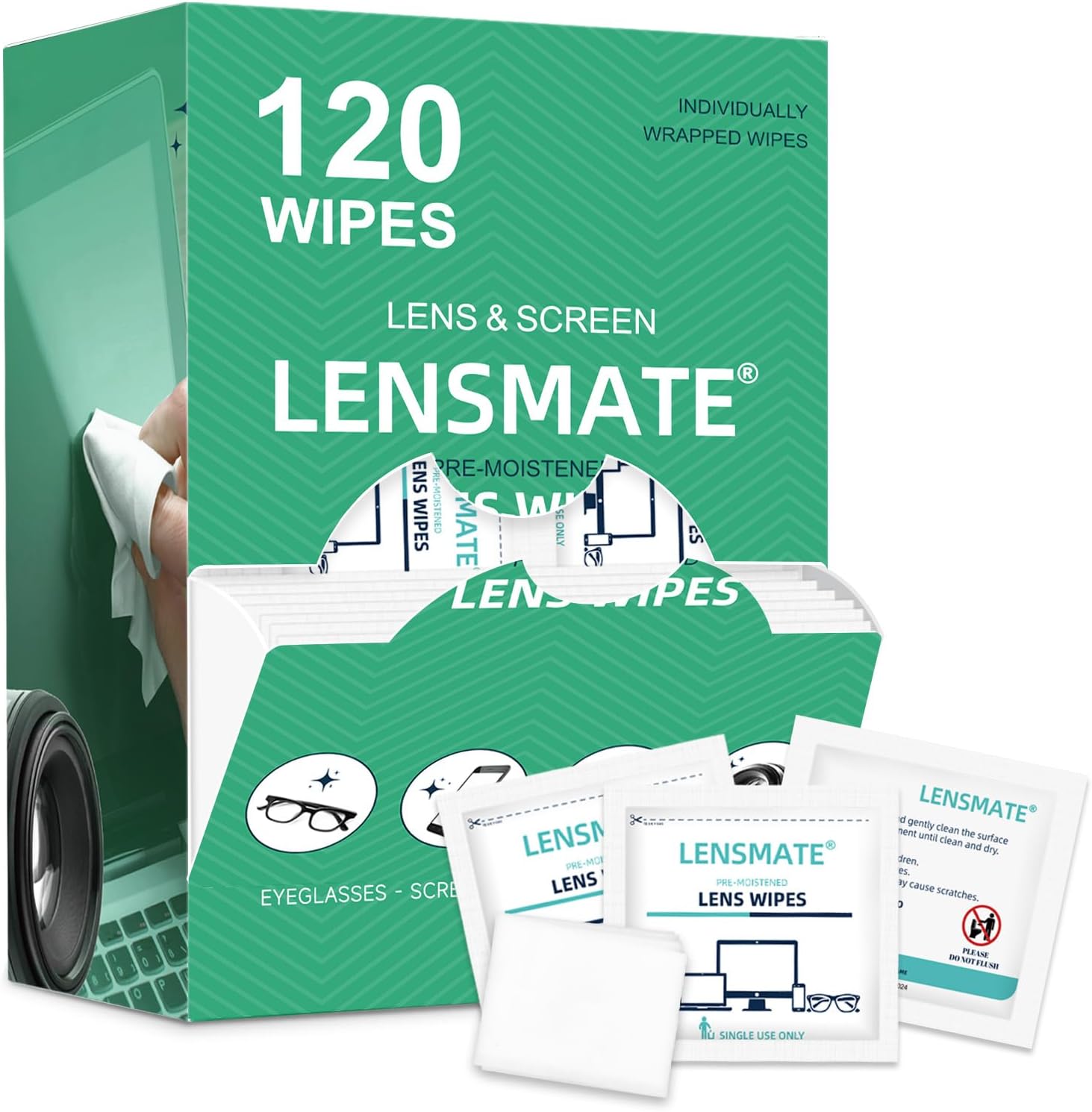 Lensmate 120 Count Lens Wipes for Eyeglasses, Pre-Moistened & Individually Wrapped Eyeglass Wipes, Lens Cleaning Wipes for Eyeglasses, Sunglasses, Goggles and Camera Lens