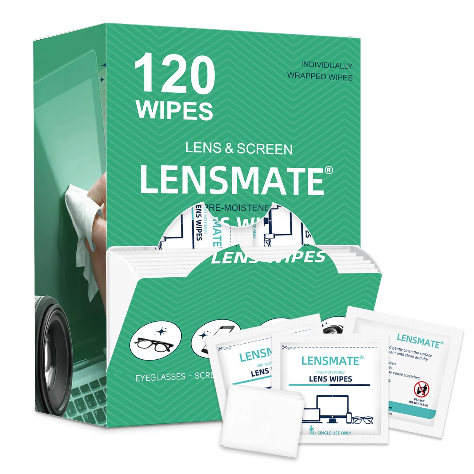 Lensmate Lens Wipes for Glasses, 120 Count Individually Wrapped Glasses Cleaning Wipes, Wet Spectacle Wipes for Eye Glasses Lenses, Phone & Computer Screens, Sunglasses, Cameras and Car Touch Screens